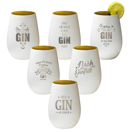 4you Design 6-er Set Gin Tonic Glas mit Sprüchen – Geschenk für Männer, Frauen zum Muttertag oder Vatertag – Tumbler-Party-Glas aus Kristallglas – sehr bruchsicher – Weiß-Gold – 465ml von 4you Design