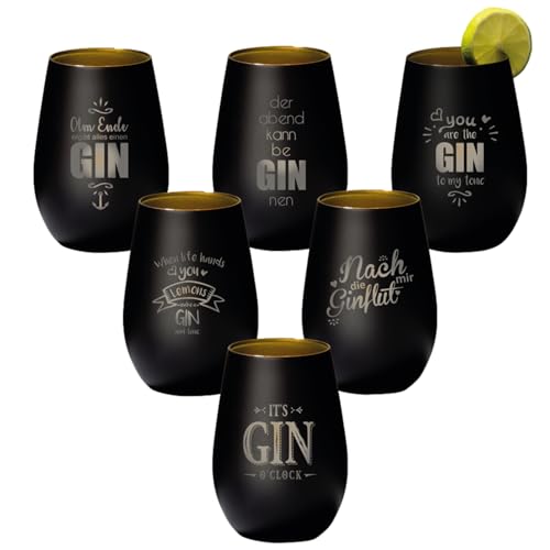 4youDesign 6-er SetGin Tonic Glas mit Sprüchen – Geschenk für Männer, Frauen zum Muttertag oder Vatertag – Tumbler-Party-Glas aus Kristallglas – sehr bruchsicher – Schwarz-Gold – 465ml von 4youDesign
