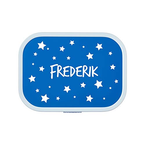 4youDesign Blaue Brotdose -STERNE- mit Namen für Kinder, 6 Farben, 3 Motive, inkl. Lunchbox-Einsatz & Gabel – Geschenk zur Einschulung, Weihnachten (Sterne Blau) von 4youDesign