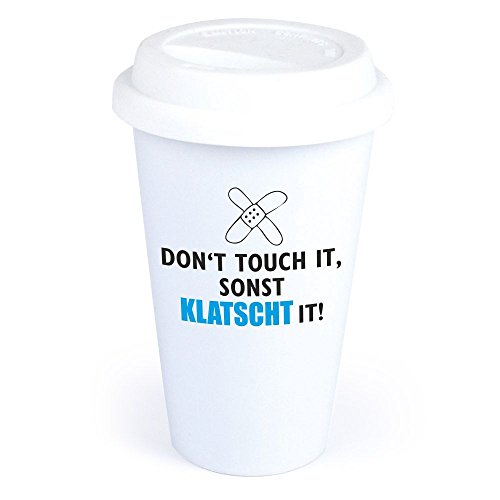 4you design Coffee-to-Go-Becher -Don‘t touch it, sonst klatscht it- Kaffeebecher aus Keramik mit lustigem Spruch – Geschenkidee zum Geburtstag - spülmaschinenfest von 4you design