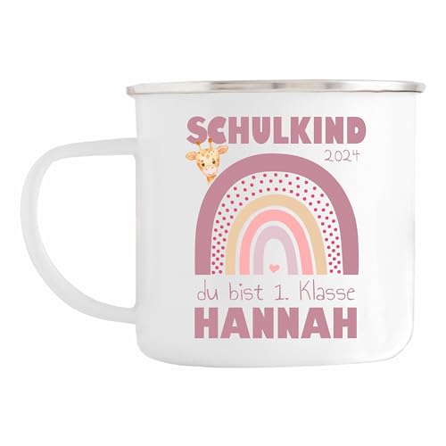 4you Design Emaille Tasse Kinder Einschulung „Schulkind-Regenbogen“, Personalisiert mit Namen, Kindertasse zum Schulbeginn, Für Jungen & Mädchen, Pink, 300ml von 4you Design