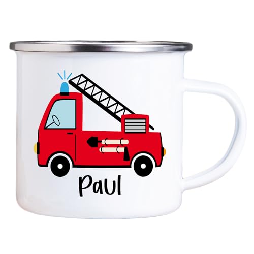4youDesign Emaille Tasse Kinder personalisiert – Feuerwehr – Feuerwehrauto Namenstasse – Geschenk für Jungen & Mädchen – Bruchsicher & Leicht – Geschenkidee zur Einschulung & Geburtstag - 300ml von 4youDesign