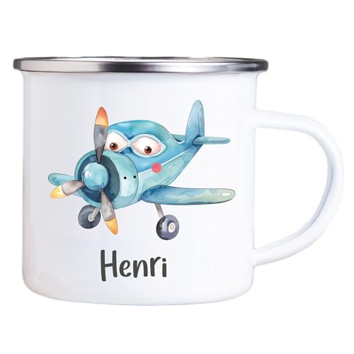 4you Design Emaille Tasse Kinder personalisiert – Flieger – Flugzeug Namenstasse – Geschenk für Jungen & Mädchen – Bruchsicher & Leicht – Geschenkidee zur Einschulung & Geburtstag - 300ml von 4you Design