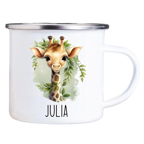 4youDesign Emaille Tasse Kinder personalisiert – Giraffe Blume – Tier Namenstasse – Geschenk für Jungen & Mädchen – Bruchsicher & Leicht – Geschenkidee zur Einschulung & Geburtstag - 300ml von 4youDesign