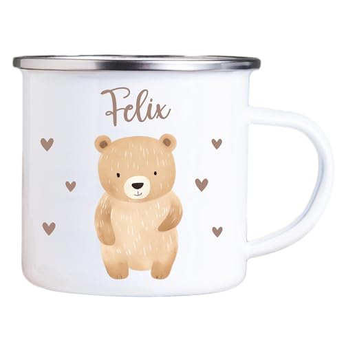 4youDesign Emaille Tasse Kinder personalisiert – Herz Bär – Tier Namenstasse – Geschenk für Jungen & Mädchen – Bruchsicher & Leicht – Geschenkidee zur Einschulung & Geburtstag - 300ml von 4youDesign
