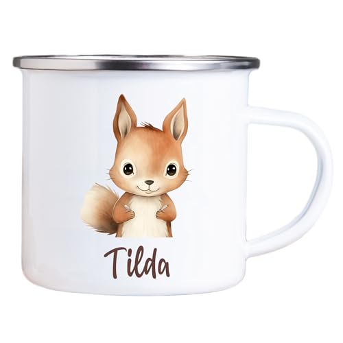 4youDesign Emaille Tasse Kinder personalisiert – Jungle Eichhörnchen – Tier Namenstasse – Geschenk für Jungen & Mädchen – Bruchsicher & Leicht – Geschenkidee zur Einschulung & Geburtstag - 300ml von 4youDesign