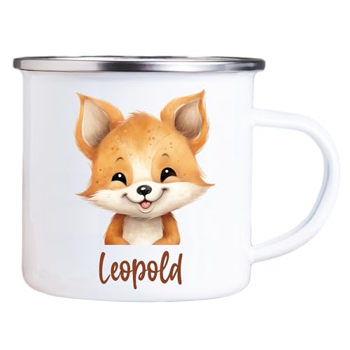 4youDesign Emaille Tasse Kinder personalisiert – Jungle Fuchs – Tier Namenstasse – Geschenk für Jungen & Mädchen – Bruchsicher & Leicht – Geschenkidee zur Einschulung & Geburtstag - 300ml von 4youDesign