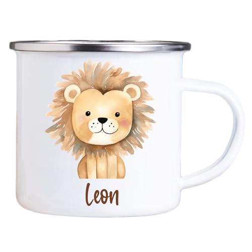 4youDesign Emaille Tasse Kinder personalisiert – Jungle Löwe – Tier Namenstasse – Geschenk für Jungen & Mädchen – Bruchsicher & Leicht – Geschenkidee zur Einschulung & Geburtstag - 300ml von 4youDesign