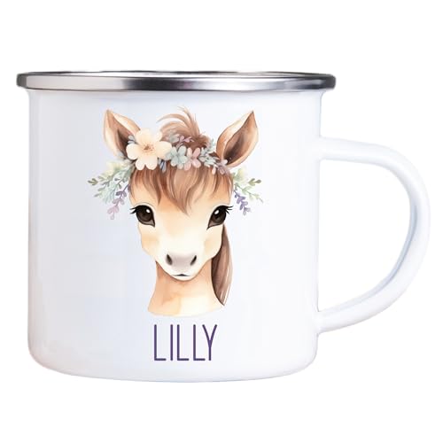 4youDesign Emaille Tasse Kinder personalisiert – Pferd Blume – Tier Namenstasse – Geschenk für Jungen & Mädchen – Bruchsicher & Leicht – Geschenkidee zur Einschulung & Geburtstag - 300ml von 4youDesign