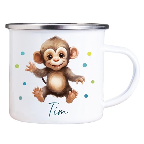 4you Design Emaille Tasse Kinder personalisiert – Punkte Affe – Tier Namenstasse – Geschenk für Jungen & Mädchen – Bruchsicher & Leicht – Geschenkidee zur Einschulung & Geburtstag - 300ml von 4you Design