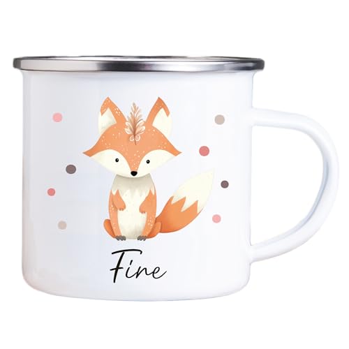 4you Design Emaille Tasse Kinder personalisiert – Punkte Fuchs – Tier Namenstasse – Geschenk für Jungen & Mädchen – Bruchsicher & Leicht – Geschenkidee zur Einschulung & Geburtstag - 300ml von 4you Design