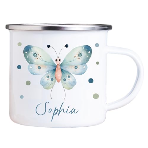 4you Design Emaille Tasse Kinder personalisiert – Punkte Schmetterling – Tier Namenstasse – Geschenk für Jungen & Mädchen – Bruchsicher & Leicht – Geschenkidee zur Einschulung & Geburtstag - 300ml 4you Design Emaille Tasse Kinder personalisiert – Punkte Schmetterling – Tier Namenstasse – Geschenk für Jungen & Mädchen – Bruchsicher & Leicht – Geschenkidee zur Einschulung & Geburtstag - 300ml von 4you Design