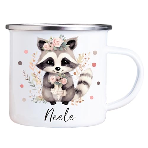 4youDesign Emaille Tasse Kinder personalisiert – Punkte Waschbär – Tier Namenstasse – Geschenk für Jungen & Mädchen – Bruchsicher & Leicht – Geschenkidee zur Einschulung & Geburtstag - 300ml von 4youDesign