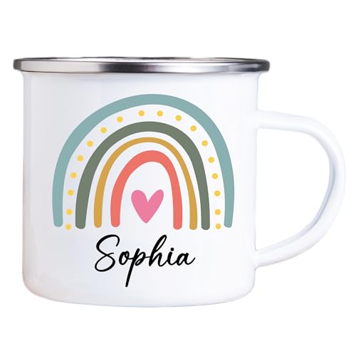 4youDesign Emaille Tasse Kinder personalisiert – Regenbogen Punktherz – Rainbow Namenstasse – Geschenk für Jungen & Mädchen – Bruchsicher & Leicht – Geschenkidee zur Einschulung & Geburtstag - 300ml von 4youDesign