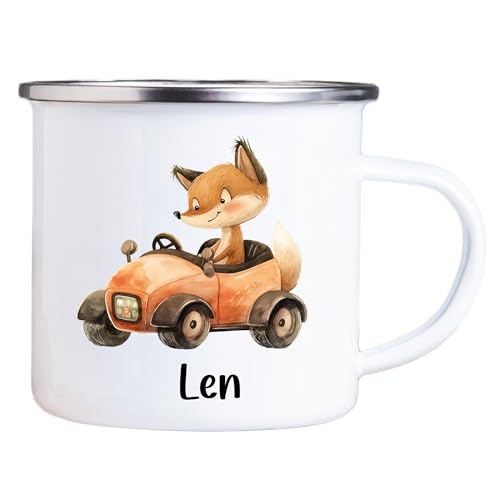 4you Design Emaille Tasse Kinder personalisiert – Tierauto Fuchs – Tier Namenstasse – Geschenk für Jungen & Mädchen – Bruchsicher & Leicht – Geschenkidee zur Einschulung & Geburtstag - 300ml von 4you Design