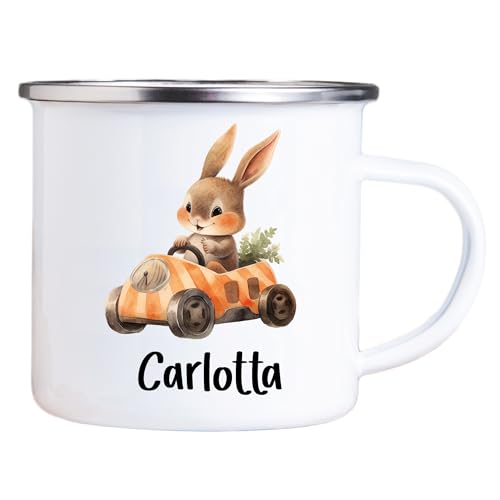 4youDesign Emaille Tasse Kinder personalisiert – Tierauto Hase – Tier Namenstasse – Geschenk für Jungen & Mädchen – Bruchsicher & Leicht – Geschenkidee zur Einschulung & Geburtstag - 300ml von 4youDesign
