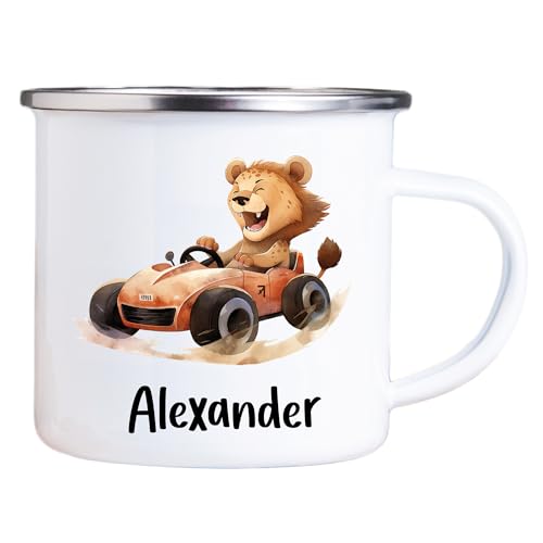 4youDesign Emaille Tasse Kinder personalisiert – Tierauto Löwe – Tier Namenstasse – Geschenk für Jungen & Mädchen – Bruchsicher & Leicht – Geschenkidee zur Einschulung & Geburtstag - 300ml von 4youDesign