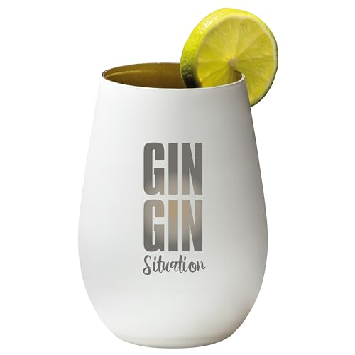 4you Design Gin Tonic Glas mit Spruch GIN GIN Situation – Geschenk für Männer, Frauen zum Muttertag oder Vatertag – Tumbler-Party-Glas aus Kristallglas – sehr bruchsicher – Weiß-Gold – 465ml von 4you Design