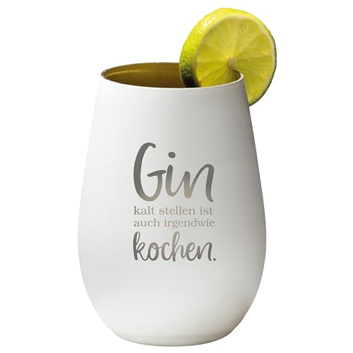4youDesign Gin Tonic Glas mit Spruch GIN kalt stellen ist auch irgendwie kochen – Geschenk für Männer, Frauen zum Muttertag oder Vatertag – Tumbler-Party-Glas aus Kristallglas – Weiß-Gold – 465ml von 4youDesign