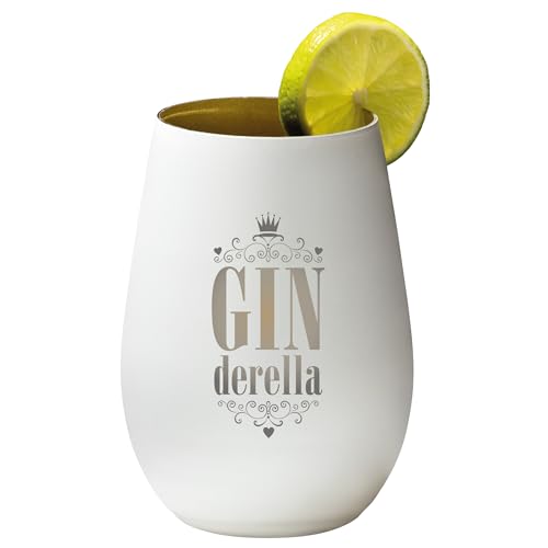 4youDesign Gin Tonic Glas mit Spruch GINderella – Geschenk für Männer, Frauen zum Muttertag oder Vatertag – Tumbler-Party-Glas aus Kristallglas – sehr bruchsicher – Weiß-Gold – 465ml von 4youDesign