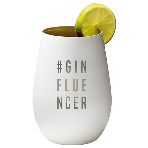 4you Design Gin Tonic Glas mit Spruch #GINfluencer – Geschenk für Männer, Frauen zum Muttertag oder Vatertag – Tumbler-Party-Glas aus Kristallglas – sehr bruchsicher – Weiß-Gold – 465ml von 4you Design