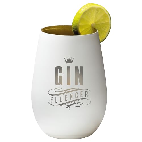 4you Design Gin Tonic Glas mit Spruch GINfluencer – Geschenk für Männer, Frauen zum Muttertag oder Vatertag – Tumbler-Party-Glas aus Kristallglas – sehr bruchsicher – Weiß-Gold – 465ml von 4you Design