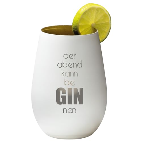 4you Design Gin Tonic Glas mit Spruch der Abend kann be ginnen – Geschenk für Männer, Frauen zum Muttertag oder Vatertag – Tumbler-Party-Glas aus Kristallglas – Weiß-Gold – 465ml von 4you Design