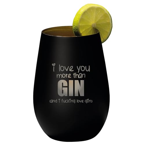 4youDesign Gin Tonic Glas mit Spruch i love you more than GIN – Geschenk für Männer, Frauen zum Muttertag oder Vatertag – Tumbler-Party-Glas aus Kristallglas – Schwarz-Gold – 465ml von 4youDesign
