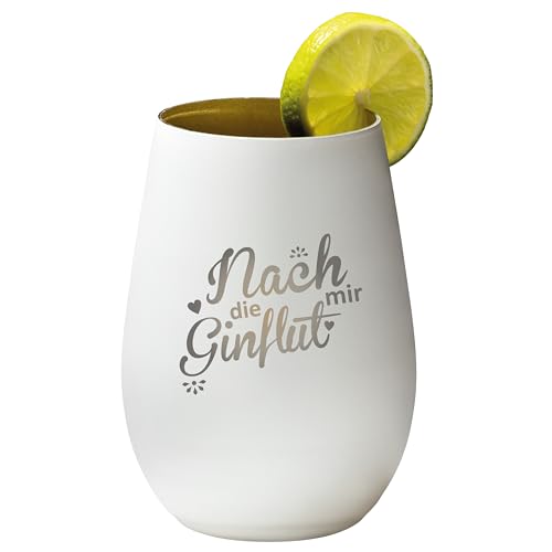 4you Design Gin Tonic Glas mit Spruch nach mir die GINflut – Geschenk für Männer, Frauen zum Muttertag oder Vatertag – Tumbler-Party-Glas aus Kristallglas – sehr bruchsicher – Weiß-Gold – 465ml von 4you Design