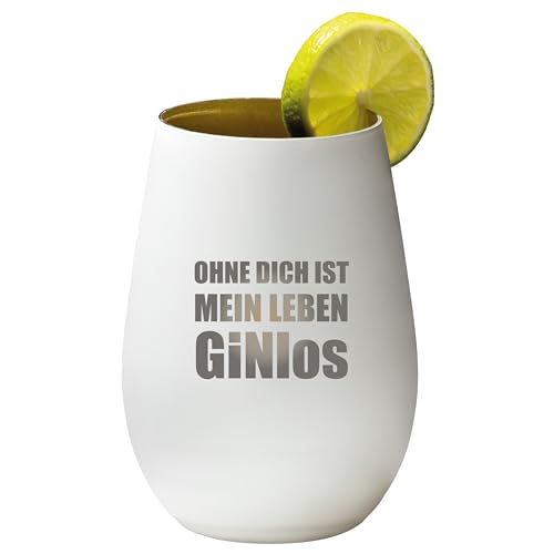 4you Design Gin Tonic Glas mit lustigem Spruch Ohne dich ist mein Leben GINlos – Geschenk für Männer, Frauen – Tumbler-Party-Glas aus Kristallglas – sehr bruchsicher – weiß – 465ml von 4you Design