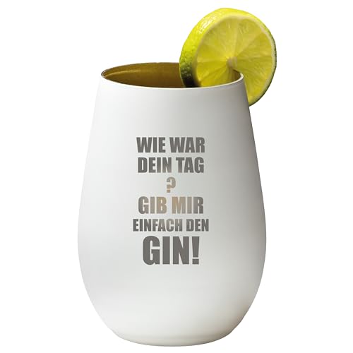 4you Design Gin Tonic Glas mit lustigem Spruch Wie war dein Tag – Geschenk für Männer, Frauen zum Muttertag oder Vatertag – Tumbler-Party-Glas aus Kristallglas – sehr bruchsicher – weiß – 465ml von 4you Design