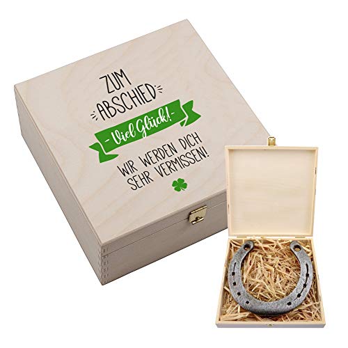 4youDesign Echtes Hufeisen in Holz-Geschenkschachtel Abschied mit Gravur – 2 Hufeisennägel zum befestigen – Geschenk Kollegen, Abschied, Neuanfang – Glücksbringer - 17x17x3,5cm von 4youDesign