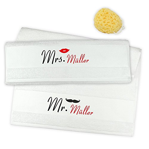 4you Design Handtuch Set 50x100 cm Mr. & Mrs. mit Familiennamen - Hochzeitsgeschenk (weiß) von 4you Design