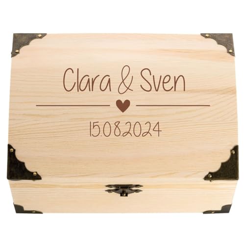 4youDesign Holzkiste, Schatztruhe zur Hochzeit mit Gravur – Motiv Herzchen 2 namen, Datum – Hochzeitsgeschenk für Brautpaar – Perfekt als Verpackung oder Geldgeschenk – L18xB13xH10cm von 4youDesign