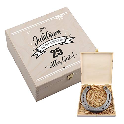4youDesign Echtes Hufeisen in Holz-Geschenkschachtel Zum Jubiläum Banner Motiv Herzlichen Glück. Personalsiert – 2 Hufeisennägel zum befestigen – Geschenk Kollegen – Glücksbringer – 17x17x6,5cm von 4youDesign