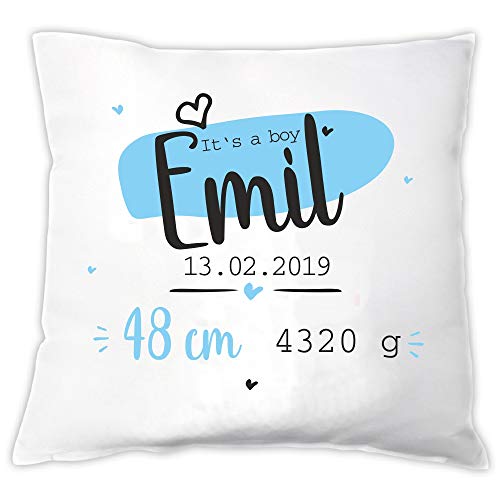 4you Design Kissen -It’s a Boy- personalisiert mit Namen und Geburtsdaten - Kissen & Bezug – Baby Geschenkidee zur Geburt & Taufe (Boy) von 4youDesign