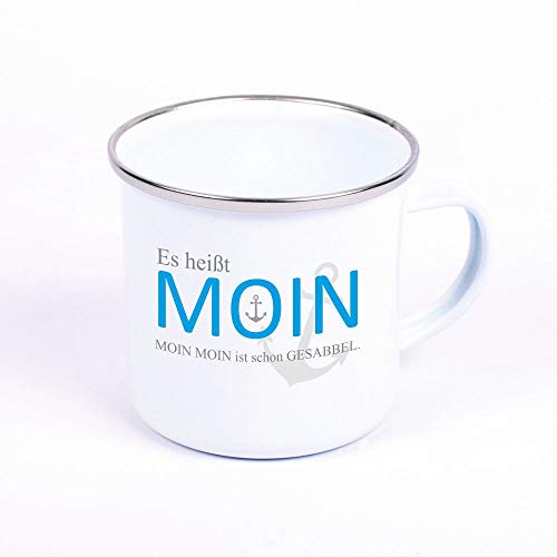 4youDesign Metalltasse Emaille Look Es heißt Moin. Moin Moin ist schon Gesabbel - weiß - spülmaschinenfest - zwei verschiedene Designs - Geschenkidee - Becher mit Spruch (Anker grau) von 4youDesign
