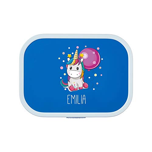 4youDesign Personalisierte blaue Brotdose -EINHORN- mit Namen – inkl. Bento-Box & Snack-Gabel für Schule & Kindergarten, Geschenk für Kinder, Weihnachten (Blau) von 4youDesign