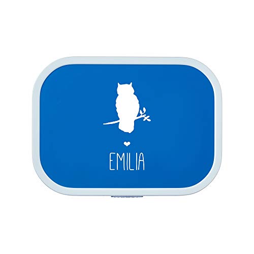 4you Design Personalisierte blaue Brotdose -EULE Silhouette- mit Namen – inkl. Bento Box & Snack-Gabel für Schule & Kindergarten, Geschenk für Kinder (Blau) von 4you Design