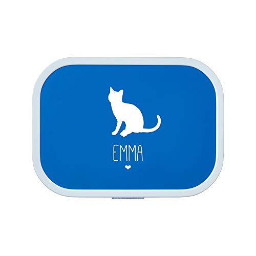 4you Design Personalisierte blaue Brotdose -KATZE Silhouette- mit Namen – inkl. Bento-Box & Gabel für Schule & Kindergarten, Geschenk für Kinder (Blau) von 4you Design