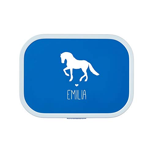 4you Design Personalisierte blaue Brotdose -PFERD Silhouette- mit Namen – inkl. Box-Einsatz & Gabel, Bento-Box für Schule & Kindergarten, Geschenk, Kinder (Blau) von 4you Design