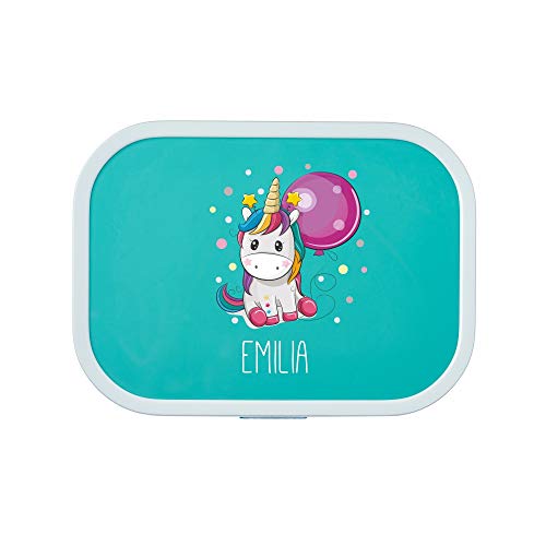 4youDesign Personalisierte türkise Brotdose -EINHORN- mit Namen, mit Bento-Box & Snack-Gabel für Schule & Kindergarten, Geschenk für Kinder, Weihnachten (Türkis) von 4youDesign