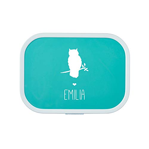 4you Design Personalisierte türkise Brotdose -EULE Silhouette- mit Namen – inkl. Bento Box & Snack-Gabel für Schule & Kindergarten, Geschenk für Kinder (Türkis) von 4you Design