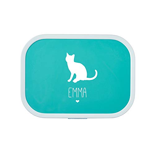 4you Design Personalisierte türkise Brotdose -KATZE Silhouette- mit Namen – inkl. Bento-Box & Gabel für Schule & Kindergarten, Geschenk für Kinder (Türkis) von 4you Design