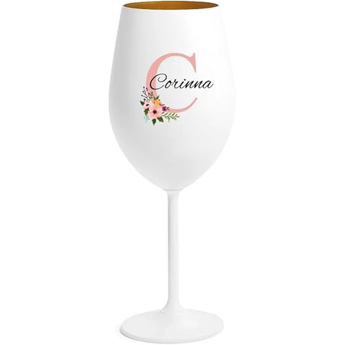 4youDesign | Personalisiertes Weinglas Weiß mit goldener Innenbeschichtung – Glas mit Name & Blumen-Monogramm mit Wunschname – Geschenkidee zur Hochzeit, Geburtstag oder Mädelsabend von 4youDesign