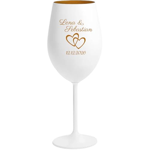 4youDesign | Personalisiertes Weinglas Weiß mit goldener Innenbeschichtung – Gravur mit Namen, Herzen & Datum – Geschenk zur Hochzeit oder zum Jahrestag von 4youDesign