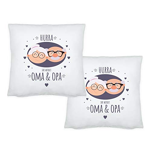 4you Design Set: 2 Dekokissen -Hurra Ihr werdet Oma & Opa- Geschenk für werdende Großeltern Schwangerschaft verkünden Baby ankündigen Kissen (Zweierset Oma & Opa) von 4you Design