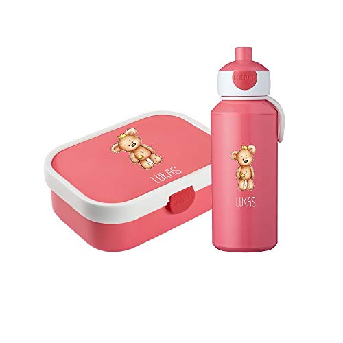 4you Design Set: Pinke Brotdose & Trinkflasche für Kinder -BÄR mit Krone- personalisiert mit Namen – inkl. Bento Box, Gabel & Pop-Up Flasche, Einschulung (Pink) von 4you Design