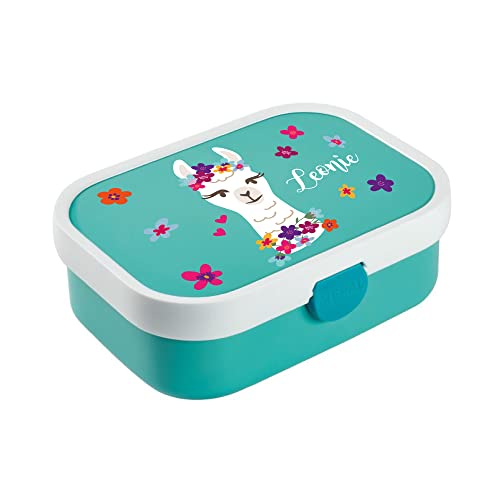 4youDesign türkise Brotdose mit Fächern -Blumen-Lama- personalisiert mit Namen I Campus mit Bento-Box & Gabel I für Jungen & Mädchen von 4youDesign