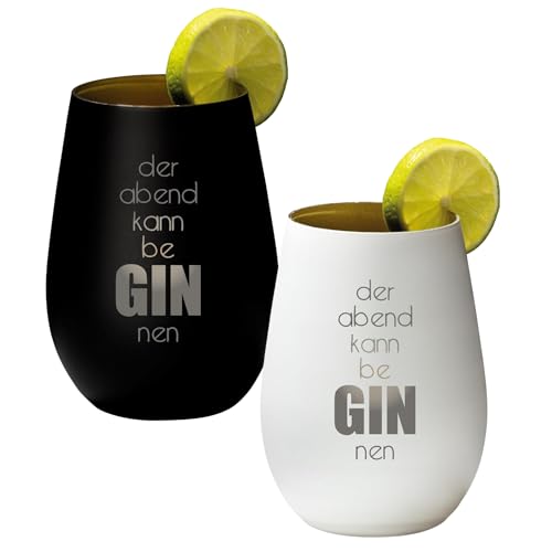 4you Design2-er Set Gin Tonic Glas mit Spruch der Abend kann be ginnen – Geschenk für Männer, Frauen zum Muttertag oder Vatertag – Tumbler-Party-Glas aus Kristallglas – Schwarz & Weiß – 465ml von 4you Design